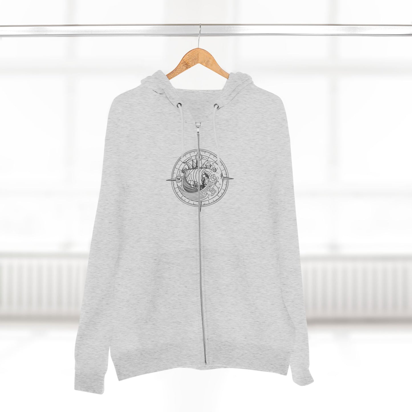Nautical Compass Zip Hoodie — Viking Longship Compass Graphic