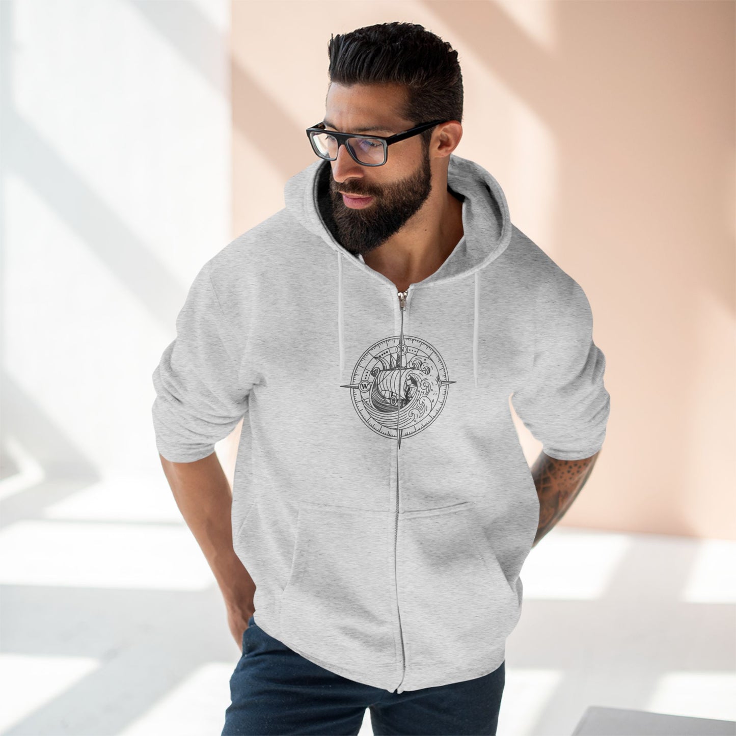 Nautical Compass Zip Hoodie — Viking Longship Compass Graphic