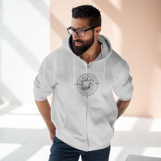 Nautical Compass Zip Hoodie — Viking Longship Compass Graphic