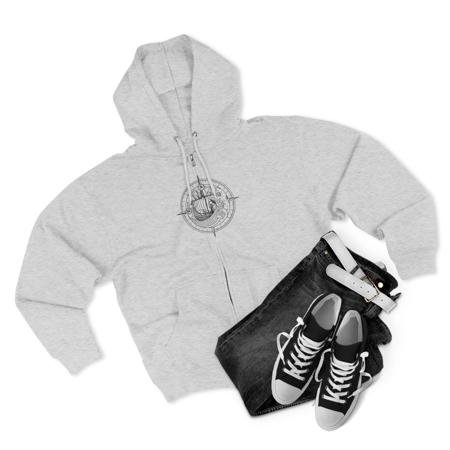 Nautical Compass Zip Hoodie — Viking Longship Compass Graphic